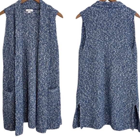 KENSIE Sleeveless Open Front Blue & White Long Sweater Vest Cardigan w/Pockets - Picture 1 of 9